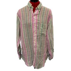 Ralph Lauren Golf 100% Linen Striped Pink And Green Long Sleeve Size Large